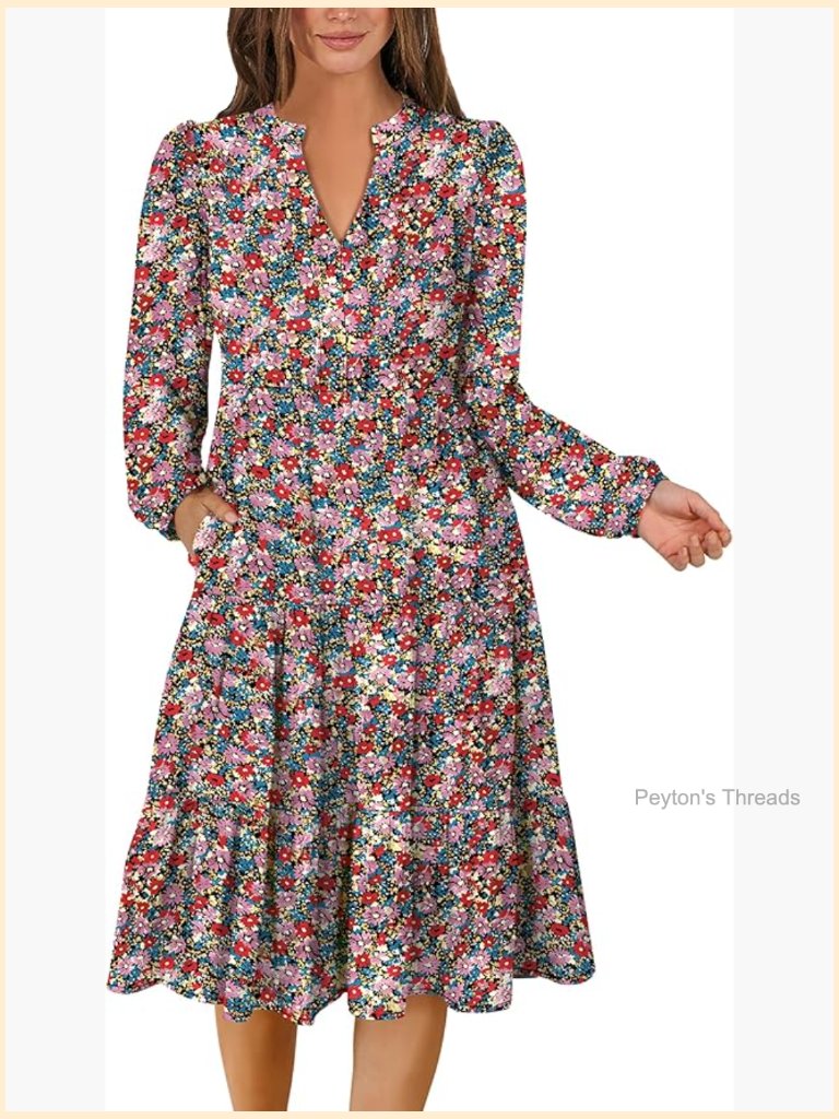 Long Sleeve Midi Dress V Neck Flowy Swing Tiered Boho Casual Loose Fit With